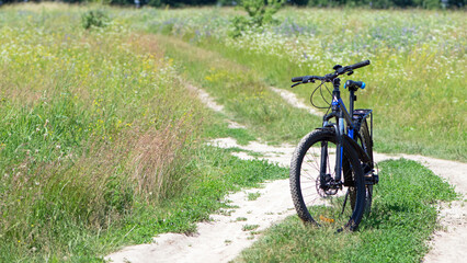 Fototapeta na wymiar bike stands on the road in the field. A mountain bike stands on a field path with green grass. Mountain bike, blooming summer field, meadow flowers, sunny day. ride a bike. outdoor activities.