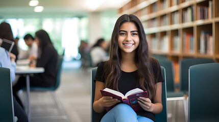 University Library: Beautiful Smart Caucasian Girl uses a Laptop, Writes Notes for Papers, Essays, Study for Class Assignment. Focused Students Learning, Studying for College Exams. Side View Portrait - obrazy, fototapety, plakaty