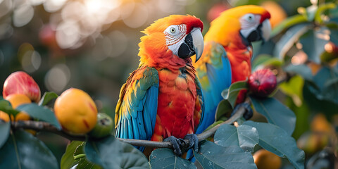 Two scarlet macaws on a fruit tree branch in natural habitat. Colorful wildlife scene. Biodiversity and conservation concept for educational materials