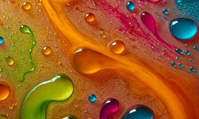 Bright abstract colorful liquid background with transparent multi-colored drops and bubbles