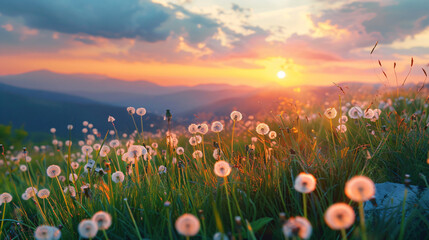 Wild grasses with dandelions in the mountains at sunset - Powered by Adobe
