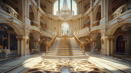 A large, ornate staircase leads up to a grand entrance hall
