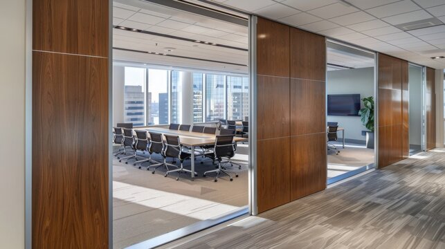 Empty Conference Room With Glass Walls and Wooden Floors