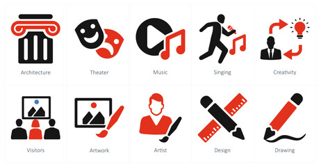 A set of 10 art icons as architecture, theater, music