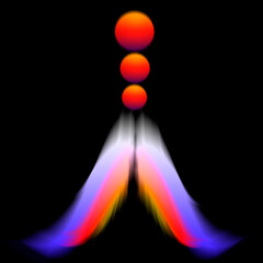 Fantasy illustration of an outer space scene. three orange globes, two feathered wings, illusion of 3D on black square background. white and purple soft blur gradient color blends.