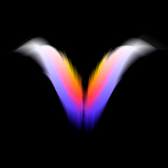 Fantasy illustration of an outer space scene. two feathered wings, conceptual illusion of 3D on black square background. orange, white and purple soft blur gradient color blends.