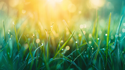 Wild green grass with morning dew at sunrise. 