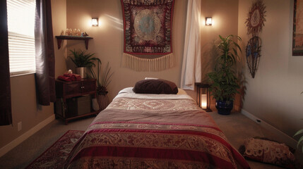 A bedroom with a red and white bedspread and a red and white rug