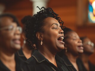 A group of women singing in a church. One woman is smiling and her eyes are closed. Scene is joyful and uplifting