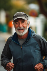 A joyful senior man with a gray beard running in the city, wearing a cap and sports jacket