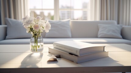 A book on a white table in the interior of a house.