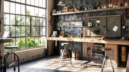 Sunlit industrial workshop with a rustic wooden workbench, tools, and large windows