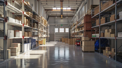 A large warehouse with many boxes and shelves