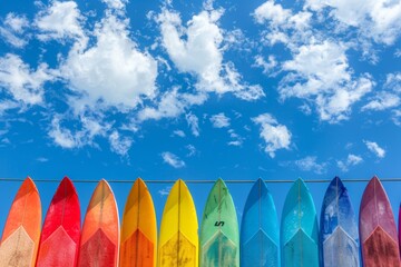 Vibrant surfboards under blue sky, representing summer beach vacation and leisure activities