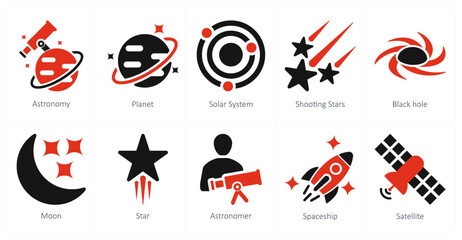A set of 10 astronomy icons as astronomy, planet, solar system