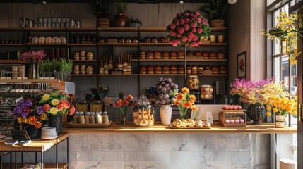 A flower shop with a counter full of baked goods and flowers