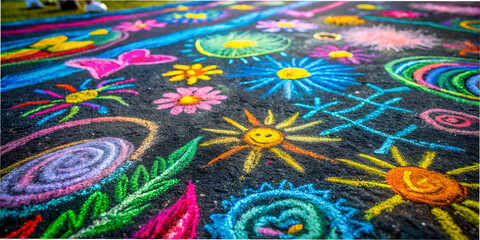 Children's drawings on the asphalt, bright drawings, illustrations, children's fantasy, rainbow, colors, bright colors, chalk drawings macro