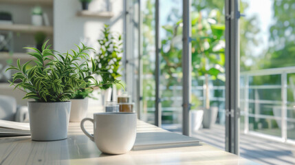 A white coffee cup sits on a table next to two potted plants