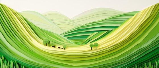 Abstract organic green color landscape mountains valley with trees, paper cut overlapping paper waves texture background banner panorama for webdesign or business illustration