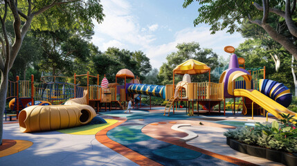 A colorful playground with a slide, swings, and a tunnel
