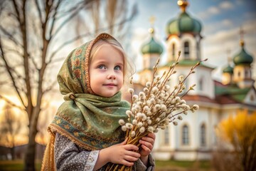 Palm Sunday. Christianity. Portrait of a three-year-old girl in a Russian folk shawl with willow branches in her hands against the background of an Orthodox church.