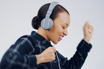 Woman, studio and dance with headphones for music or podcast, streaming or listening with...