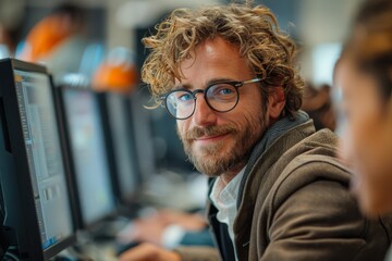 Fototapeta premium People working focused in a modern office environment at their computer stations, collaborating and processing information