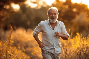 A joyful senior man jogs through a field, health and happiness in the golden years - Powered by Adobe