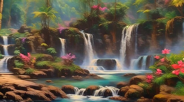 a painting of a waterfall in a tropical forest (60 fps 6 sec)