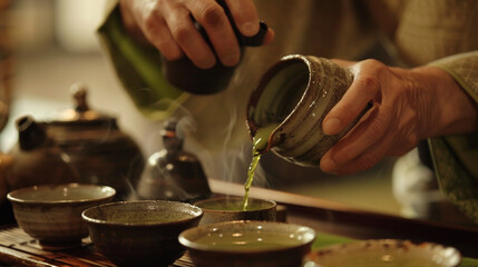 A traditional Japanese tea ceremony in progress, with a host carefully preparing matcha green tea for guests. - obrazy, fototapety, plakaty