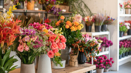 A flower shop with a variety of colorful flowers on display