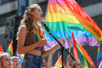 speaking into a microphone at a public LGBT demonstration, symbolizing youth activism and women's empowerment