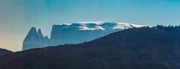 Alpine spring view with Mount Schlern, dolomites, in the background near Bozen, Eisacktal valley,...