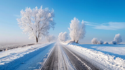 Winter road with frosted trees and the blue sky. 