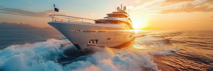  luxury yacht at sunset in blue sea,  speed boat