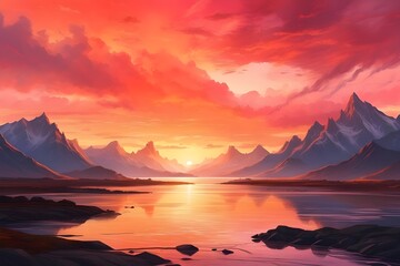 A fiery sunset paints the sky with hues of orange and pink, silhouetting distant mountains