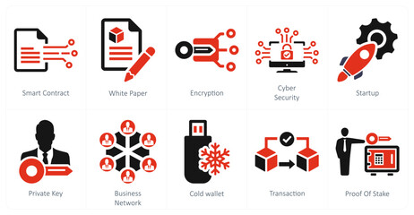 A set of 10 blockchain icons as smart contract, white paper, encryption