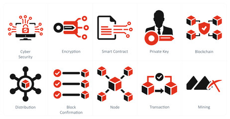 A set of 10 blockchain icons as cyber security, encryption, smart contract