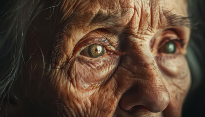A woman with a green eye and wrinkles on her face