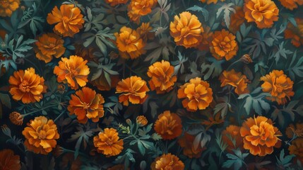 Fototapeta na wymiar Close-up of painting orange flowers green leaves