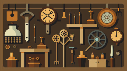 Rows of antique watchmaking tools line the walls of the workshop each one with a unique purpose and history..