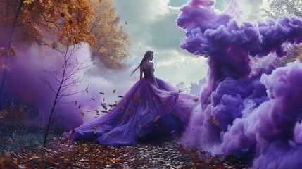 Woman in luxury lush long purple dress swirls fly waving