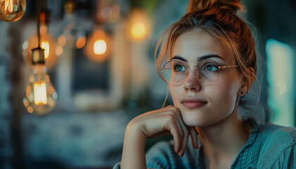 A woman with glasses is sitting at a table and looking off into the distance