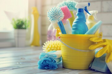 Professional cleaning supplies and equipment on white background and wooden floor