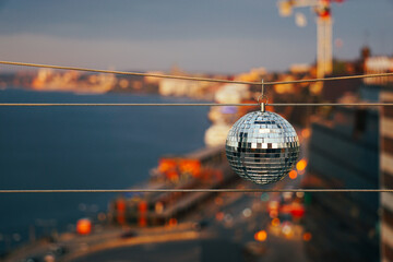 A crystal ball hanging over a city
