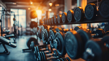 A gym with many weights on the racks