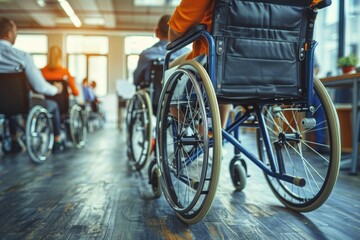 Obraz premium A modern workplace inclusively designed for employees in wheelchairs, signifying progress in accessibility and diversity in corporate culture