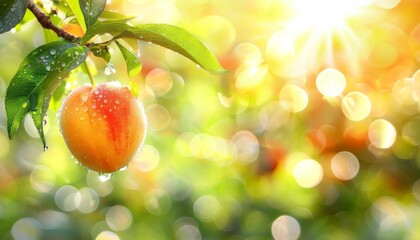 Close up micro shot of fresh peach with dew on tree, ideal banner with copy space