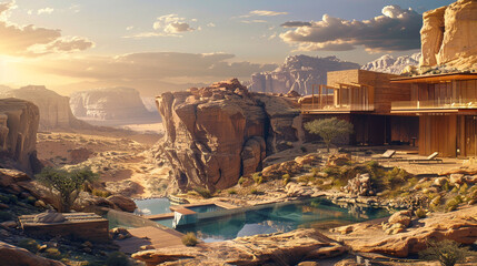 A tranquil oasis nestled within an ancient desert canyon, its ochre cliffs bathed in the soothing...