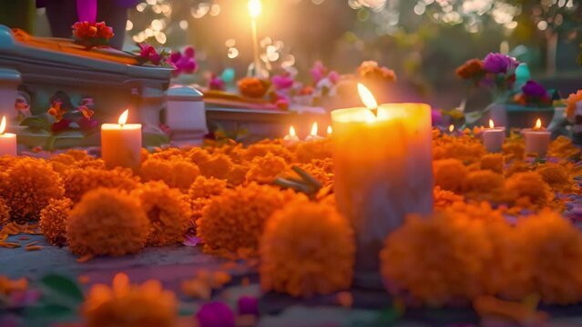 Ethereal Glow of Marigolds and Candles on Day of the Dead. Concept Day of the Dead, Marigolds, Candles, Ethereal Glow, Tradition